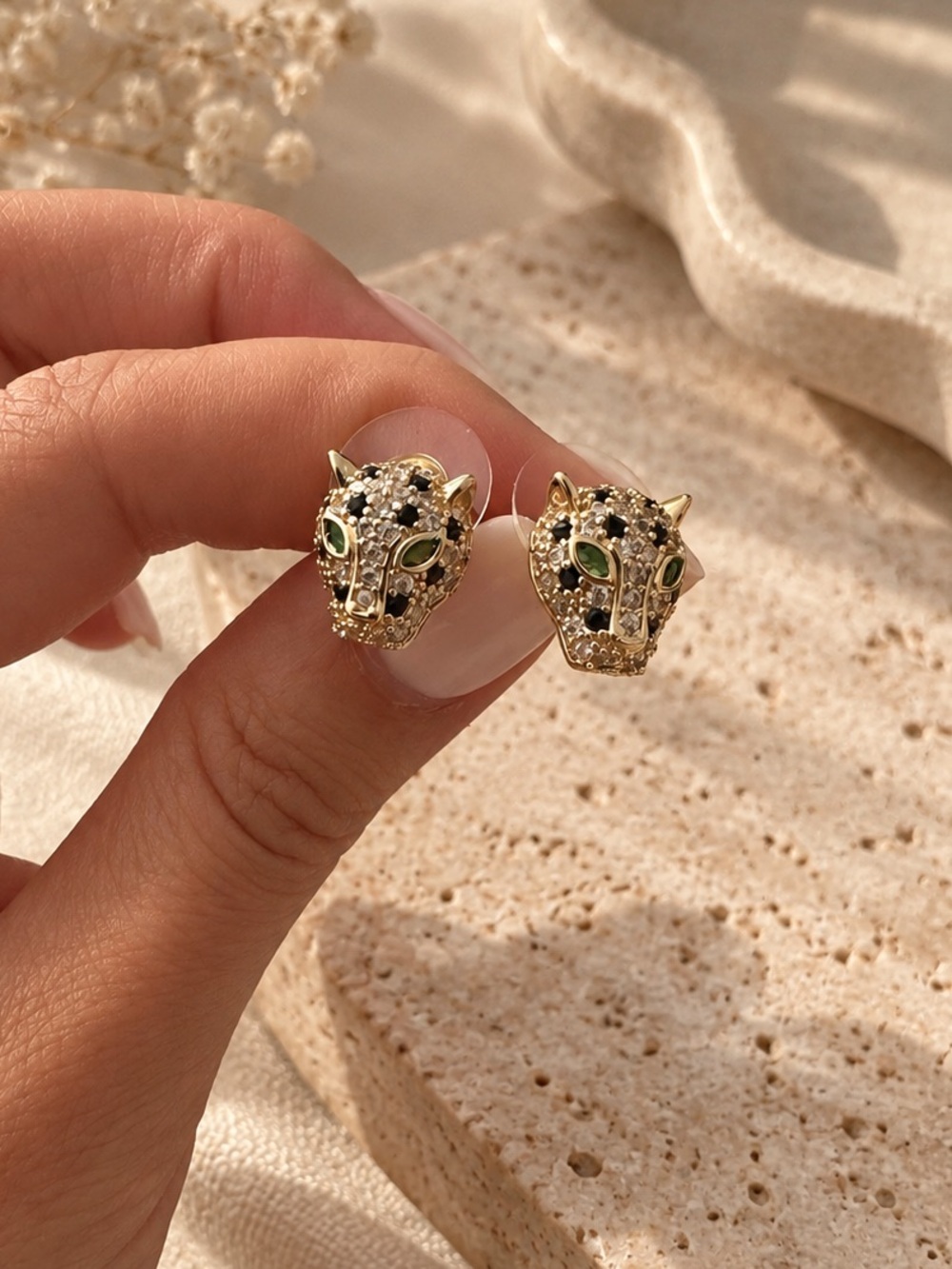 Anthropologie Gold Leopard Head Stud Earrings with Green and Black Accents